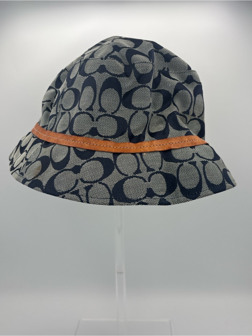 Coach Classic Signature Logo Bucket Hat -  Navy with Tan Leather Trim - Size P/S